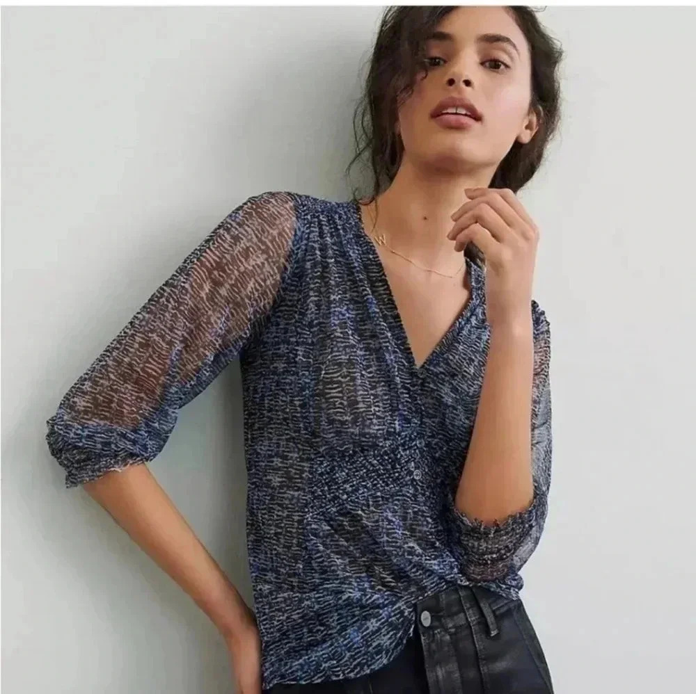 Anthropologie Gretchen Smocked Tunic Silhouette Semi Sheer Pullover Top(S)